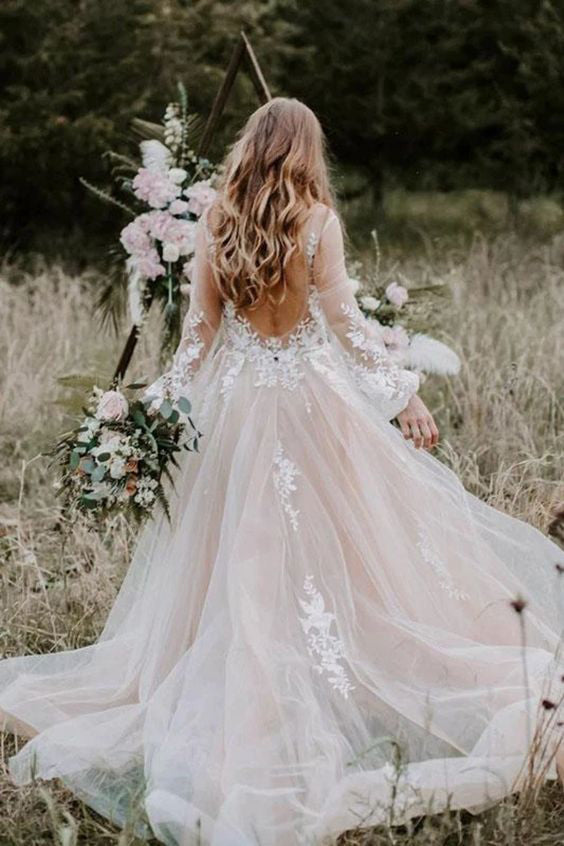 Princess Long Sleeves Lace Appliques V Neck Tulle Wedding Dresses, Bri –  cherishgirls