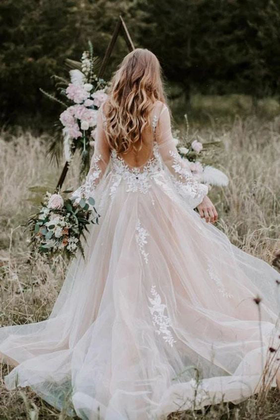Princess Long Sleeves Lace Appliques V Neck Tulle Wedding Dresses, Bri cherishgirls Princess Long Sleeves Lace Appliques V Neck Tulle Wedding Dresses, Bri cherishgirls