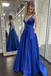 Simple Blue V Neck Spaghetti Straps Satin Long Prom Dress Formal Dress With Pockets chp0084