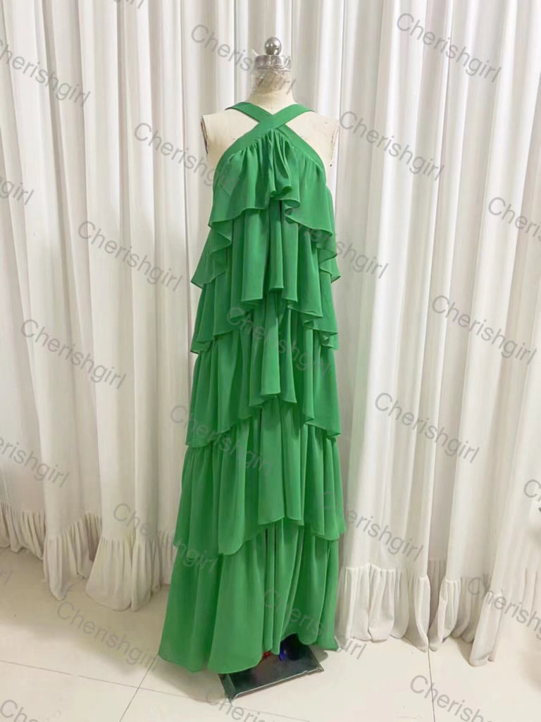 Halter Elastic Satin Floor Length Prom Dress With Layers ,Formal Gown CHP0073