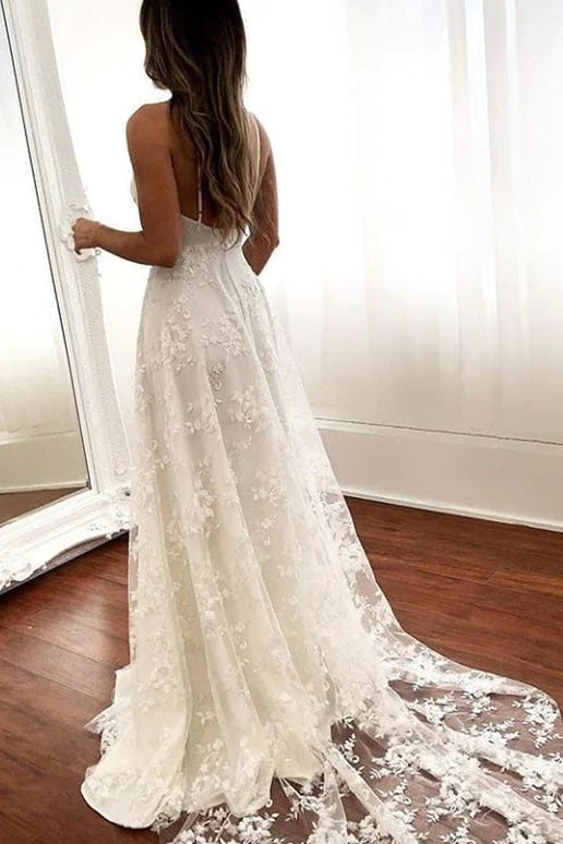 A Line Spaghetti Straps V Neck Long Lace Wedding Dresses with High Sli cherishgirls A Line Spaghetti Straps V Neck Long Lace Wedding Dresses with High Sli cherishgirls
