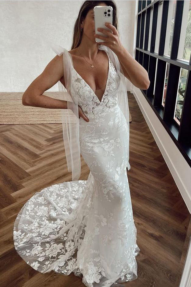 Deep V Neck Bohemian Mermaid Lace Wedding Dress Long Bridal Gown CHW0139