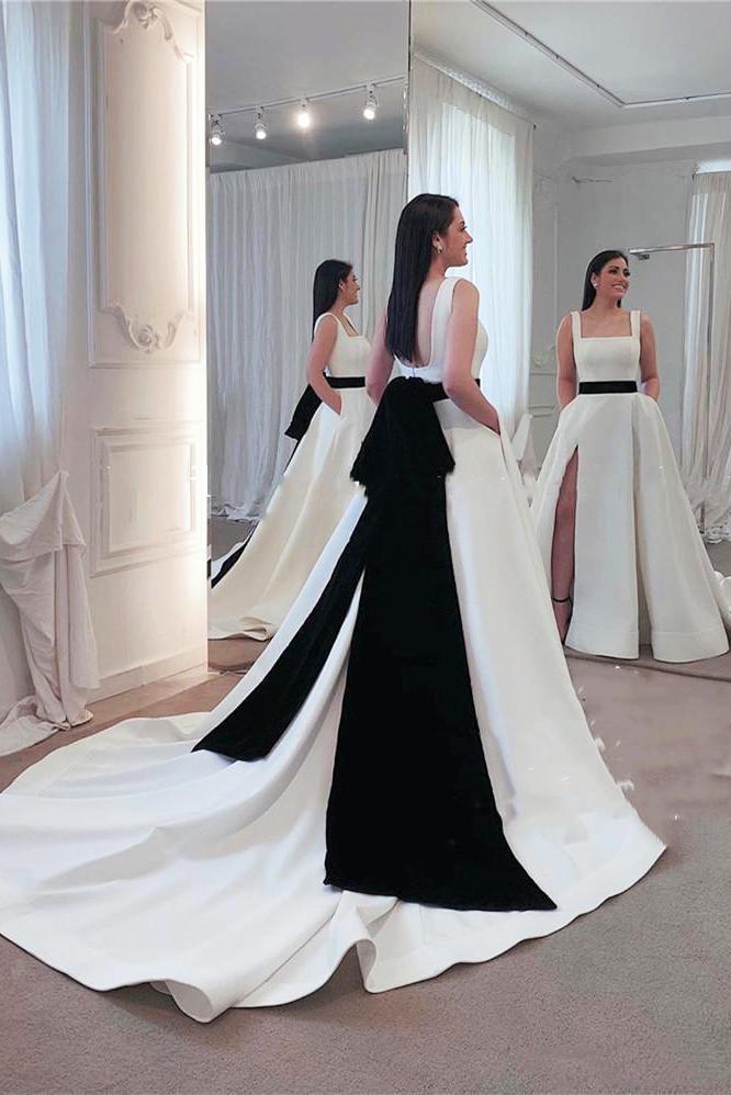 Gothic A-line Square Neck Wedding Dresses Sleeveless Satin Split Brida cherishgirls Gothic A-line Square Neck Wedding Dresses Sleeveless Satin Split Brida cherishgirls