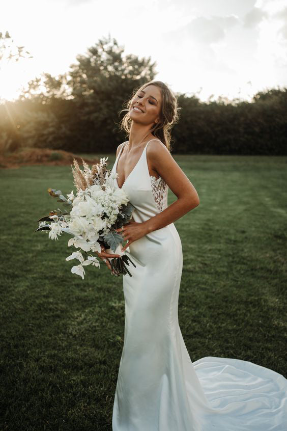 Simple V-neck Mermaid Beach Wedding Dress, Cheap Bridal Gown CHW0120