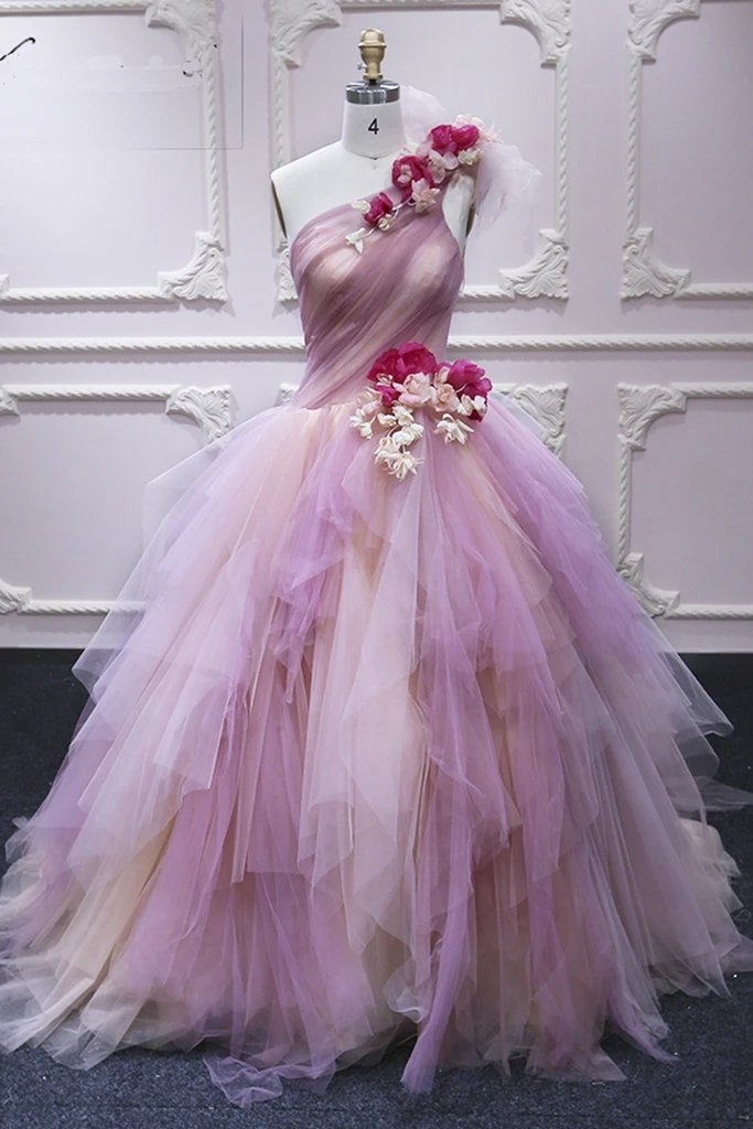 Puffy One Shoulder Sleeveless Tulle Prom Dress with Flowers, Ruffles Q cherishgirls Puffy One Shoulder Sleeveless Tulle Prom Dress with Flowers, Ruffles Q cherishgirls