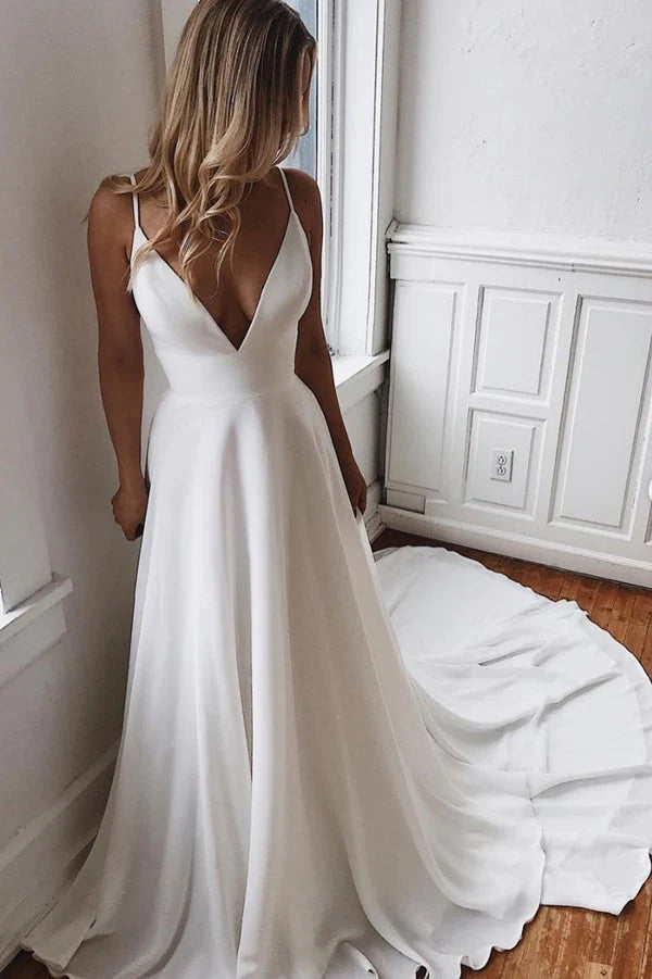 Chiffon A-Line V-Neck Lace Spaghetti Straps Beach Wedding Dresses,Simp –  cherishgirls