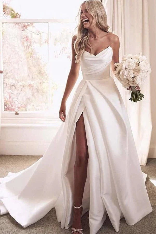 Aesthetic A Line Satin Wedding Dress With Slit, Simple Sweetheart Brid –  cherishgirls