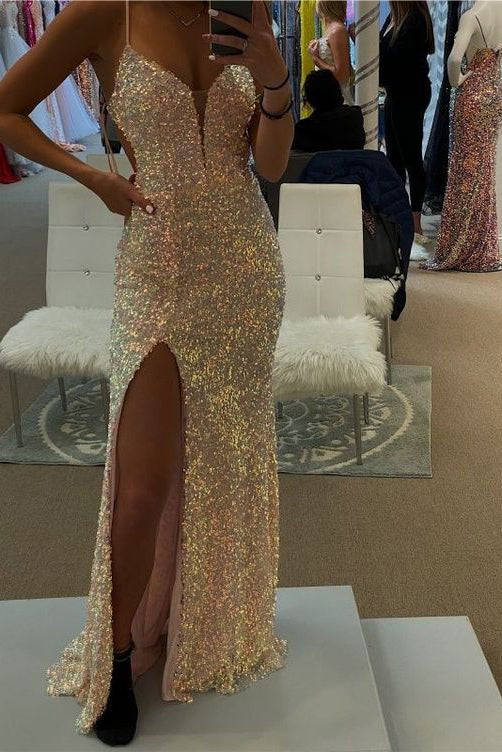 2022 Mermaid Spaghetti Straps Sequin Long Prom Dress With Side Slit ,Formal Gown CHP0075