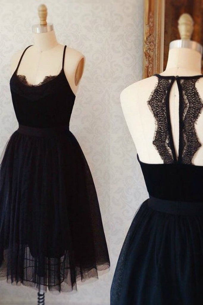 A Line Black Sleeveless Tulle Knee Length Homecoming Dresses UQ1940