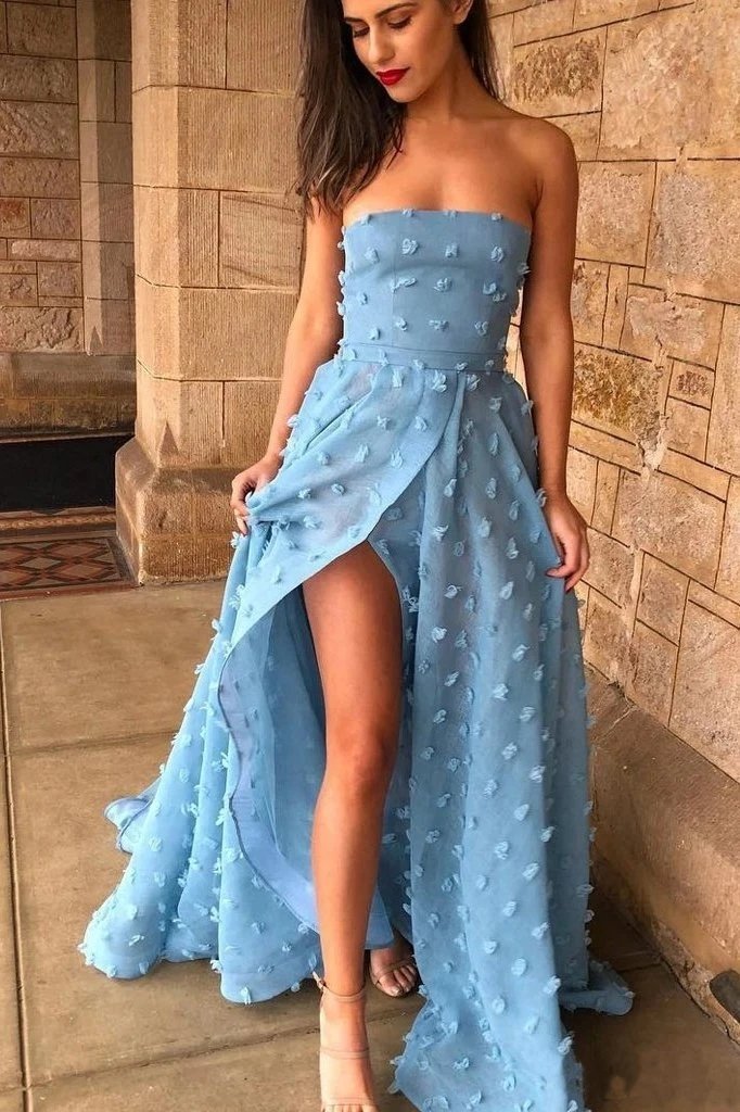 A Line Strapless Split Sweep Train Long Prom Dress, Unique Blue Formal cherishgirls A Line Strapless Split Sweep Train Long Prom Dress, Unique Blue Formal cherishgirls