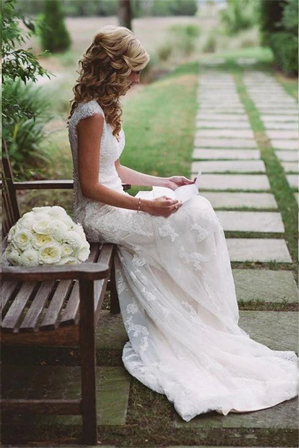 Simple Lace Appliques Mermaid Beach Wedding Dress, Bridal Gown CHW0121