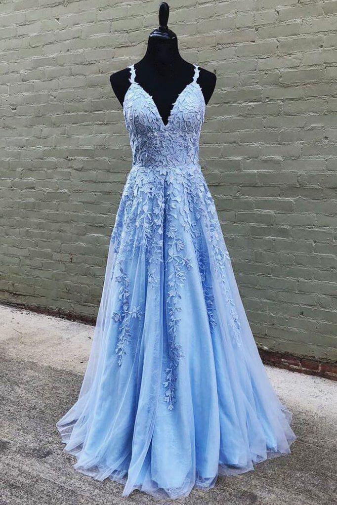blue dress for baby girl A-line Ocean Wave Tie-straps tulle long prom dress – KissDress