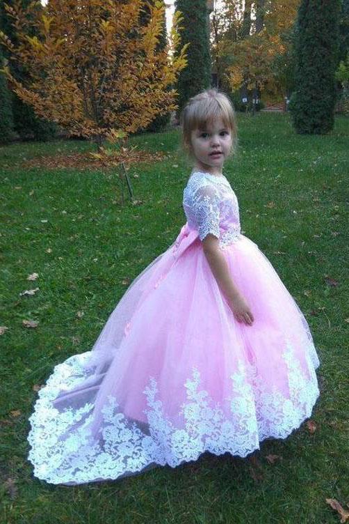 Ball Gown Cute Short Sleeves Long Flower Girl Dress, Lace Appliques Bo cherishgirls Ball Gown Cute Short Sleeves Long Flower Girl Dress, Lace Appliques Bo cherishgirls