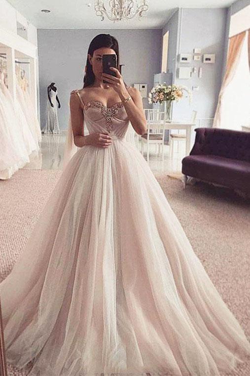 Charming Spaghetti Straps Sweetheart Tulle Prom Dress with Beading, We cherishgirls Charming Spaghetti Straps Sweetheart Tulle Prom Dress with Beading, We cherishgirls