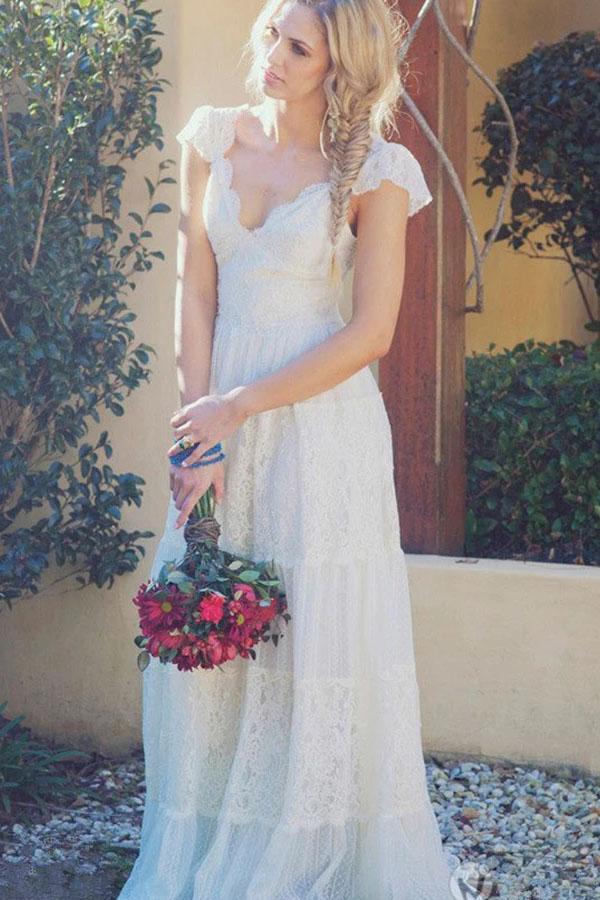 A-Line V Neck Floor Length Cap Sleeves Lace Beach Wedding Dress, Boho cherishgirls A-Line V Neck Floor Length Cap Sleeves Lace Beach Wedding Dress, Boho cherishgirls
