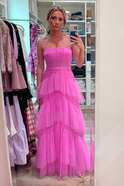 New Style Spaghetti Straps Hot Pink Long Prom Dresses With Ruffles, Evening Party Dresses CHP0071