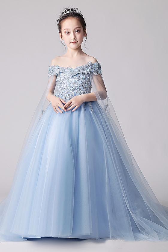 Beauty Blue Off the Shoulder Applique Flower Girl Dresses, Long Sweep – cherishgirls