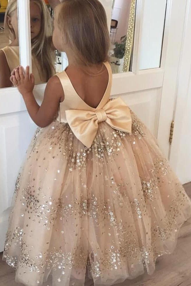Lovely Cute Flower Girl Dresses with Bow on the Back, Puffy Backless L cherishgirls Lovely Cute Flower Girl Dresses with Bow on the Back, Puffy Backless L cherishgirls