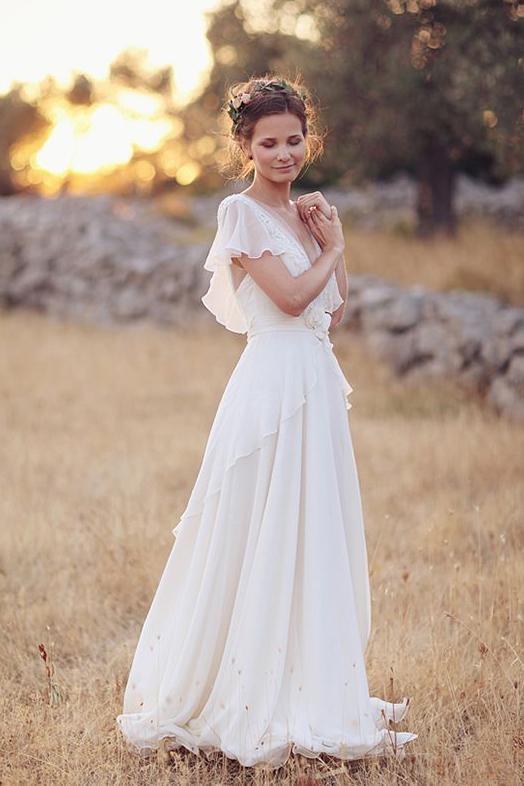 white or ivory dress for beach wedding Ivory V Neck Chiffon Boho Wedding Dress, Unique Cap Sleeves Beach Wedd –  cherishgirls