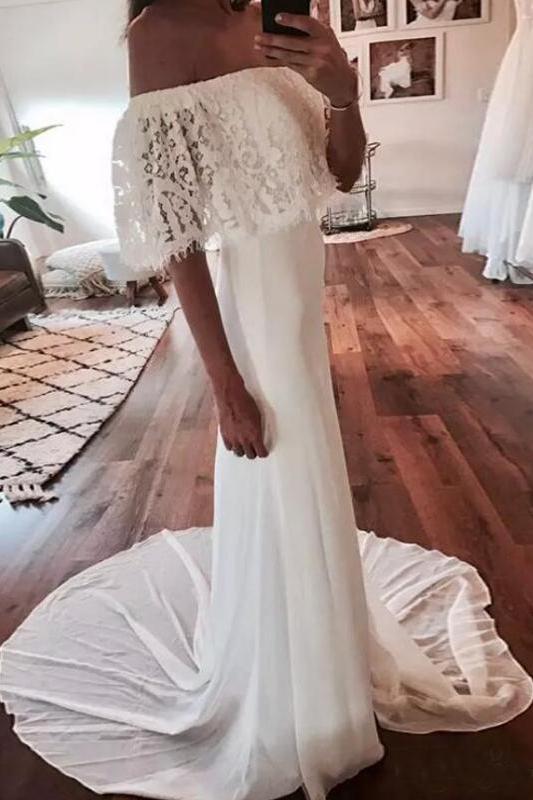 Cheap Country Beach Wedding Dresses Off Shoulder Lace Chiffon Wedding Gown Bohemian Bridal Gowns cherishgirls Cheap Country Beach Wedding Dresses Off Shoulder Lace Chiffon Wedding Gown Bohemian Bridal Gowns cherishgirls