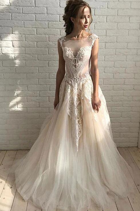 Ivory Elegant Sheer Neck Cap Sleeves Tulle Beach Wedding Dress with La cherishgirls Ivory Elegant Sheer Neck Cap Sleeves Tulle Beach Wedding Dress with La cherishgirls