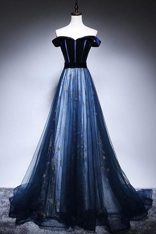 Dark Blue Velvet Tulle Long Prom Dress Elegant Off the Shoulder Evening Dress with Sleeve UQ2608