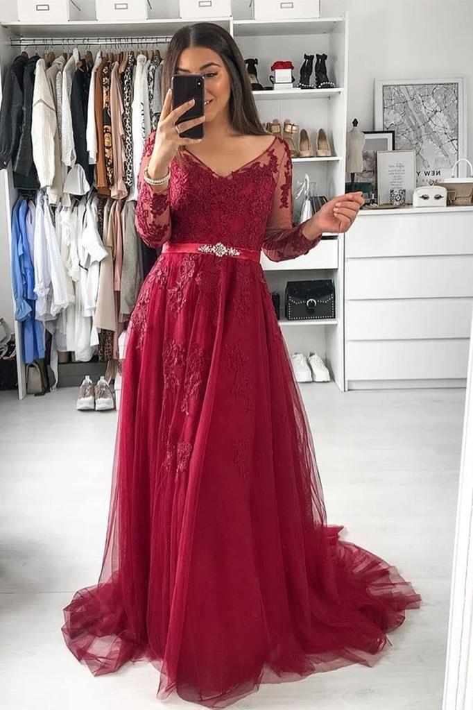 Burgundy V Neck Long Sleeves A Line Appliqued Tulle Prom Dress with Be –  cherishgirls