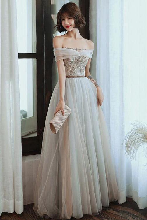 Light Gray Tulle Lace Long Prom Dress, Floor Length Off the Shoulder Formal Dresses UQ2579 Light Gray Tulle Lace Long Prom Dress, Floor Length Off the Shoulder Formal Dresses UQ2579