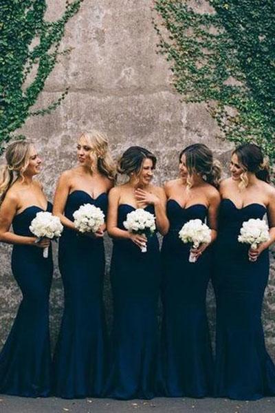 Navy Blue Sweetheart Mermaid Bridesmaid Dress, Simple Sweep Train Chea – cherishgirls