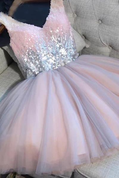 Sequines V-neck Tulle Homecoming Dress Shining Short Prom Dress UQ2141 –  cherishgirls