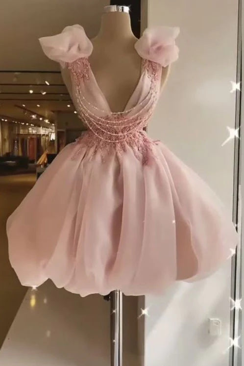 strapless open back dress Cute Pink Sweetheart Tulle Homecoming Dresses,Sleeveless A-line Short –  classygown main image 1