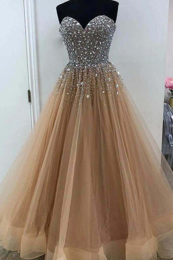 Puffy Sweetheart Floor Length Beading Prom Dress, Glitter Long Formal   cherishgirls