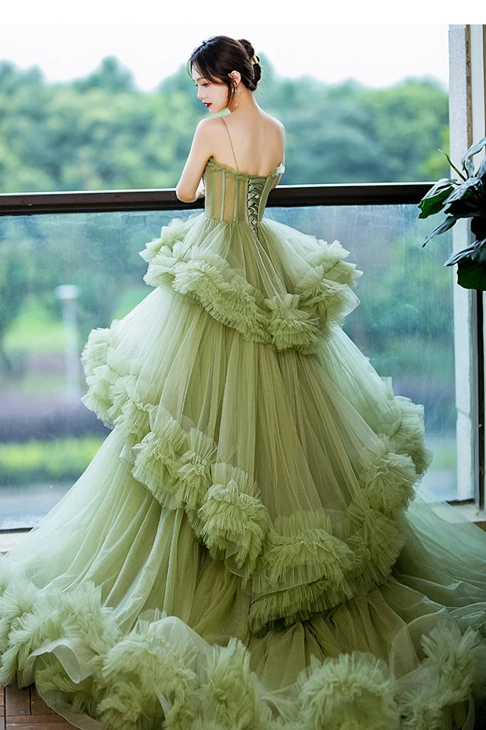 Princess Green Tulle Spaghetti Straps Lace up Prom Dresses With Layers cherishgirls Princess Green Tulle Spaghetti Straps Lace up Prom Dresses With Layers cherishgirls