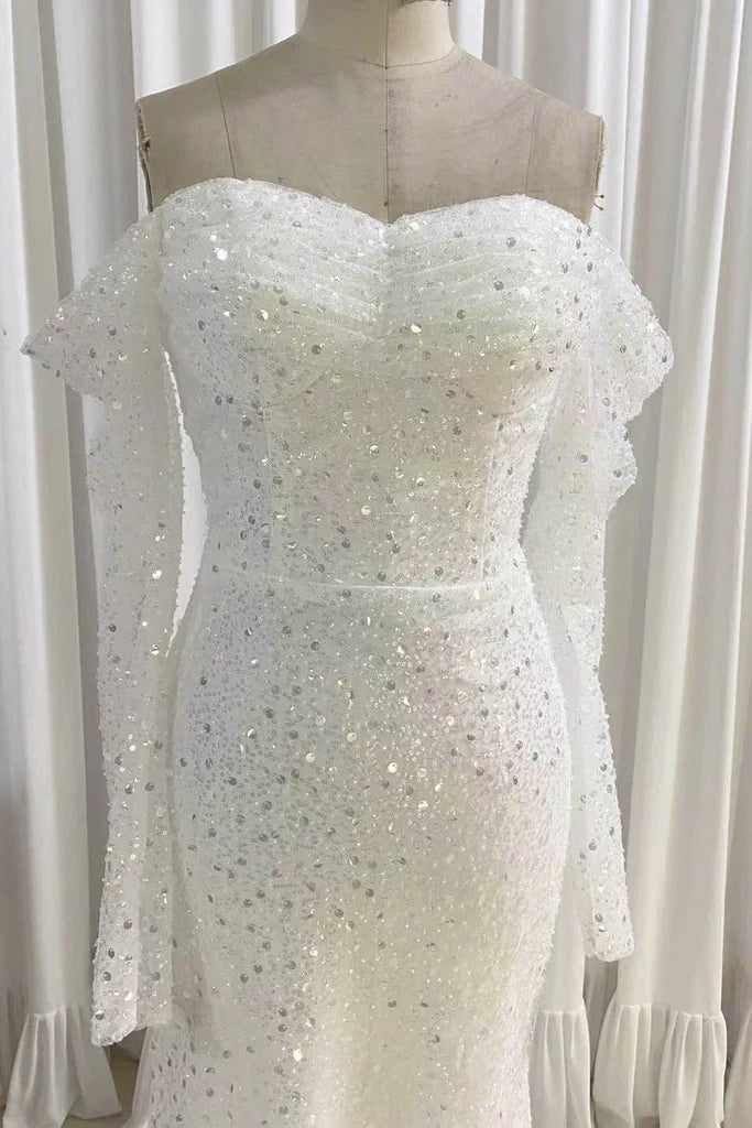 Off-the-Shoulder Ivory Mermaid Sequined Prom Dress With Long Sleeves, Sparkly Long Party Dresses CHW0147