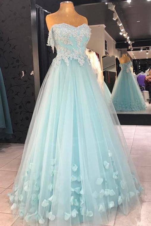 Cheap A Line Strapless Floor Length Tulle Prom Dress with Flowers, App –  cherishgirls