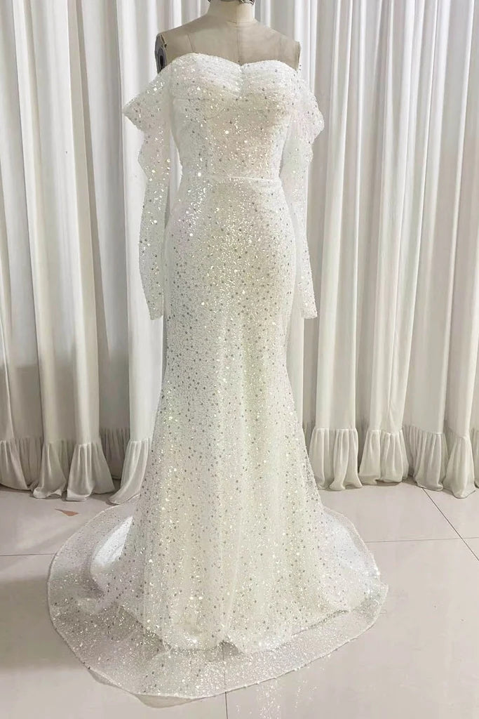 Off-the-Shoulder Ivory Mermaid Sequined Prom Dress With Long Sleeves, Sparkly Long Party Dresses CHW0147