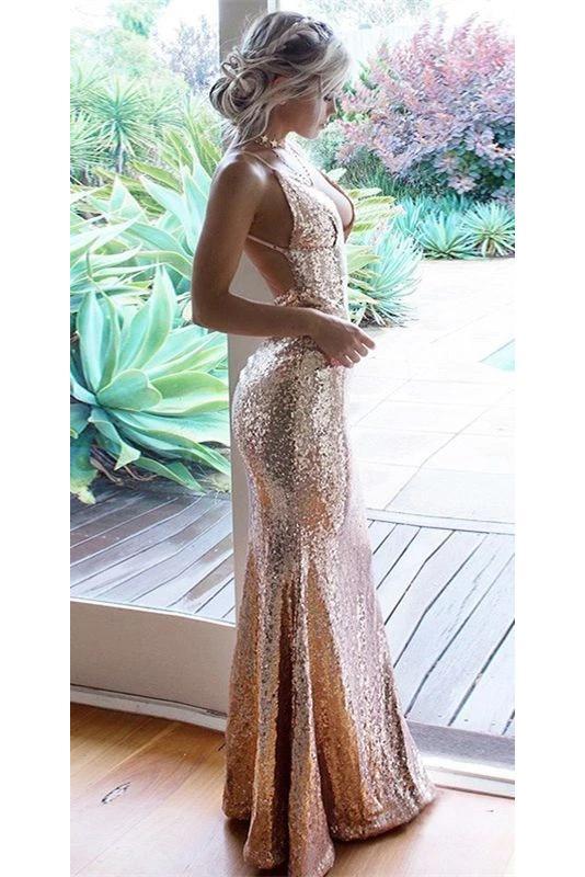 Sexy Sequined Mermaid Backless Prom Dress, Rose Gold Floor Length V Ne cherishgirls Sexy Sequined Mermaid Backless Prom Dress, Rose Gold Floor Length V Ne cherishgirls