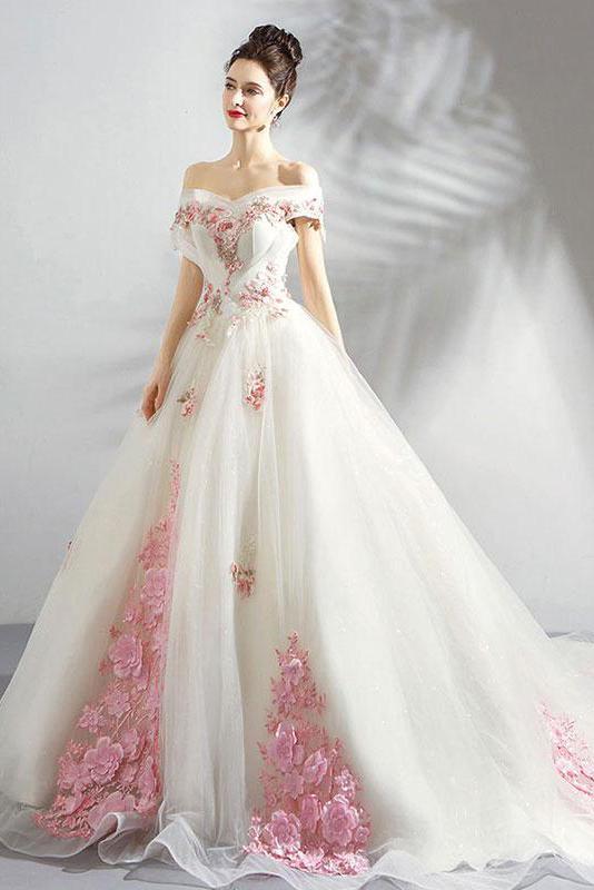 Unique Off the Shoulder Tulle Wedding Dress with Pink Flowers, Ball Go cherishgirls Unique Off the Shoulder Tulle Wedding Dress with Pink Flowers, Ball Go cherishgirls