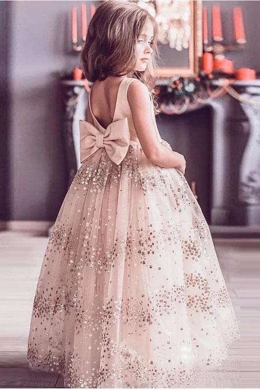 Lovely Cute Flower Girl Dresses with Bow on the Back, Puffy Backless Long Flower Girl Dress UF082 Lovely Cute Flower Girl Dresses with Bow on the Back, Puffy Backless Long Flower Girl Dress UF082