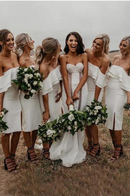 Sheath Knee Length Off the Shoulder Mermaid Bridesmaid Dress with Ruff cherishgirls Sheath Knee Length Off the Shoulder Mermaid Bridesmaid Dress with Ruff cherishgirls