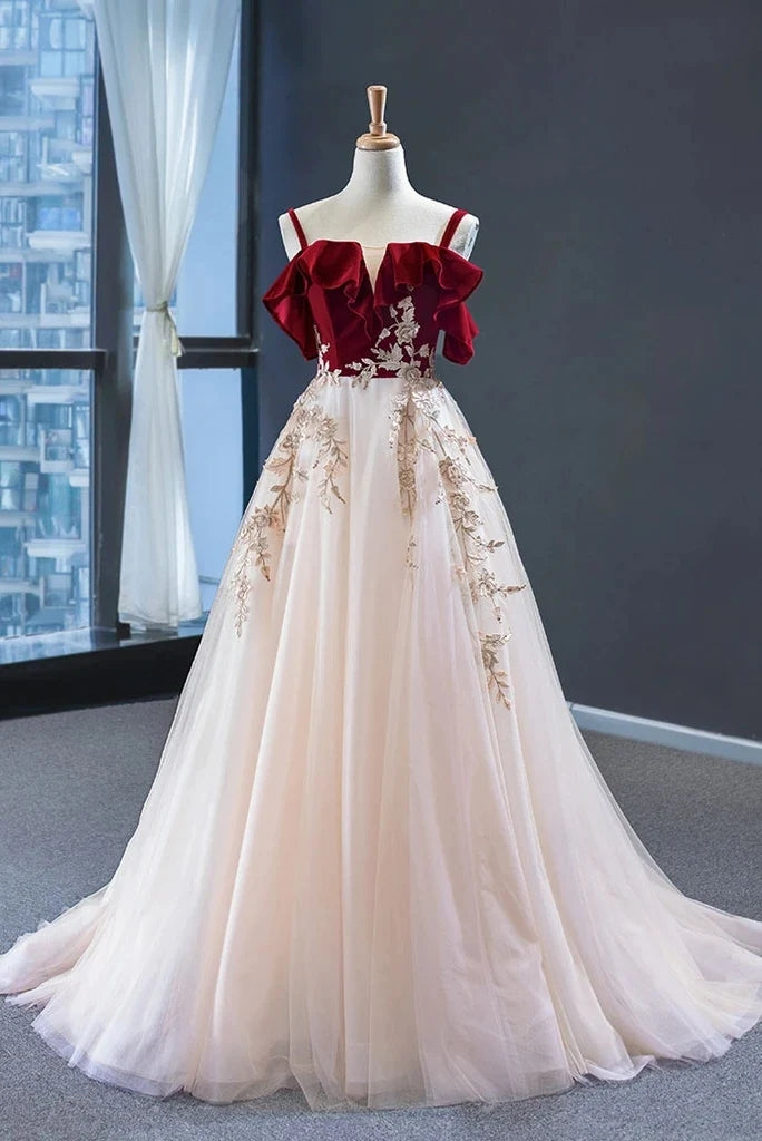 Red Straps Tulle Formal Dress Vintage Applique Prom Dress Formal Evening Gown CHP0160
