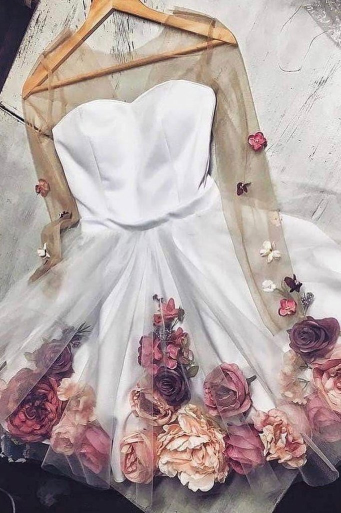 Pink V Neck 3D Applique Short Prom Dress, Long Sleeves Homecoming Dres   cherishgirls