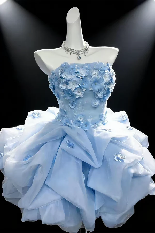 Strapless Light Blue Ruffled 3D Floral Short Homecoming Dress CHH0197