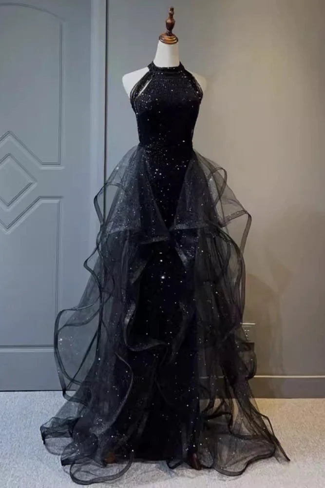 Sparkly Black Sleeveless Sequined Long Prom Dress With Ruffles, Mermaid Evening Gown CHP0331