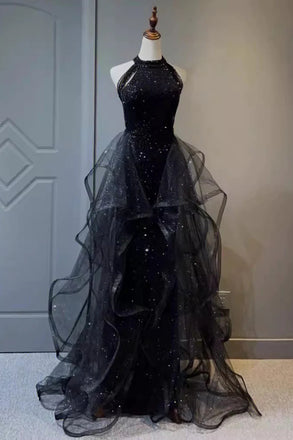 Sparkly Black Sleeveless Sequined Long Prom Dress With Ruffles, Mermaid Evening Gown CHP0331