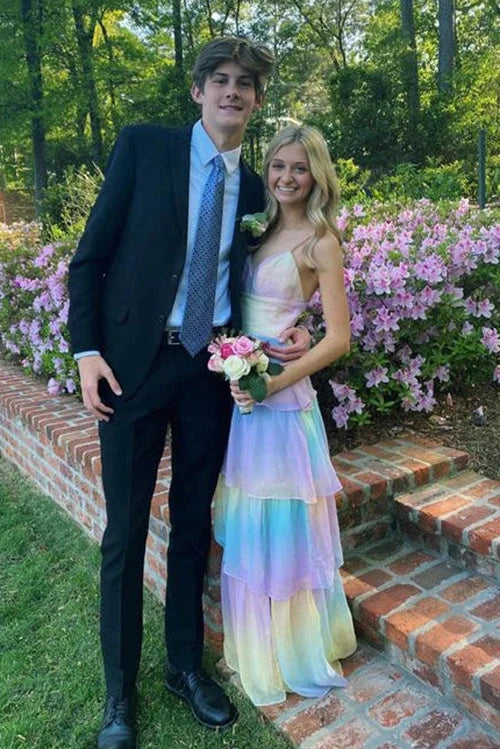 A Line Rainbow Spaghetti Straps Floor Length Prom Dresses With Slit CHP0384