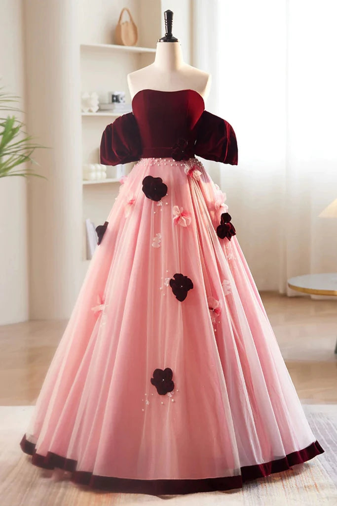 Off-the-Shoulder Tulle Velvet Long Prom Dress, Sweet Burgundy Formal D ...