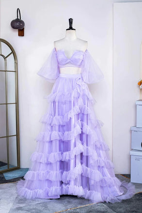 Two Piece Lavender Off the Shoulder Ruffles Prom Dress with Slit, Evening Gown CHP0310