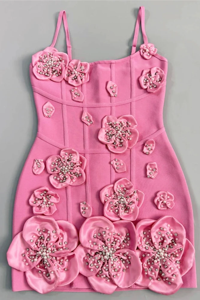 Hot Pink Spaghetti Straps Short Prom Dress with 3D Flowers CHH0199