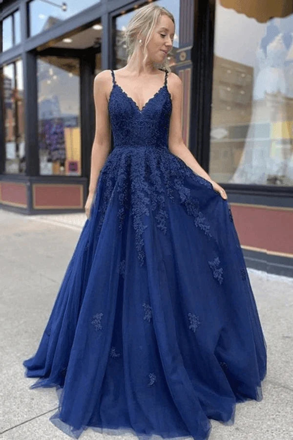 A-line Navy Blue Tulle Lace Long Prom Dress, Evening Dress CHP0247